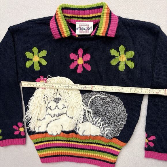 VTG 80s Heartworks Navy 3D Shaggy Dog Sweater Knit Collared Flowers Size 7/8 - Picture 9 of 10